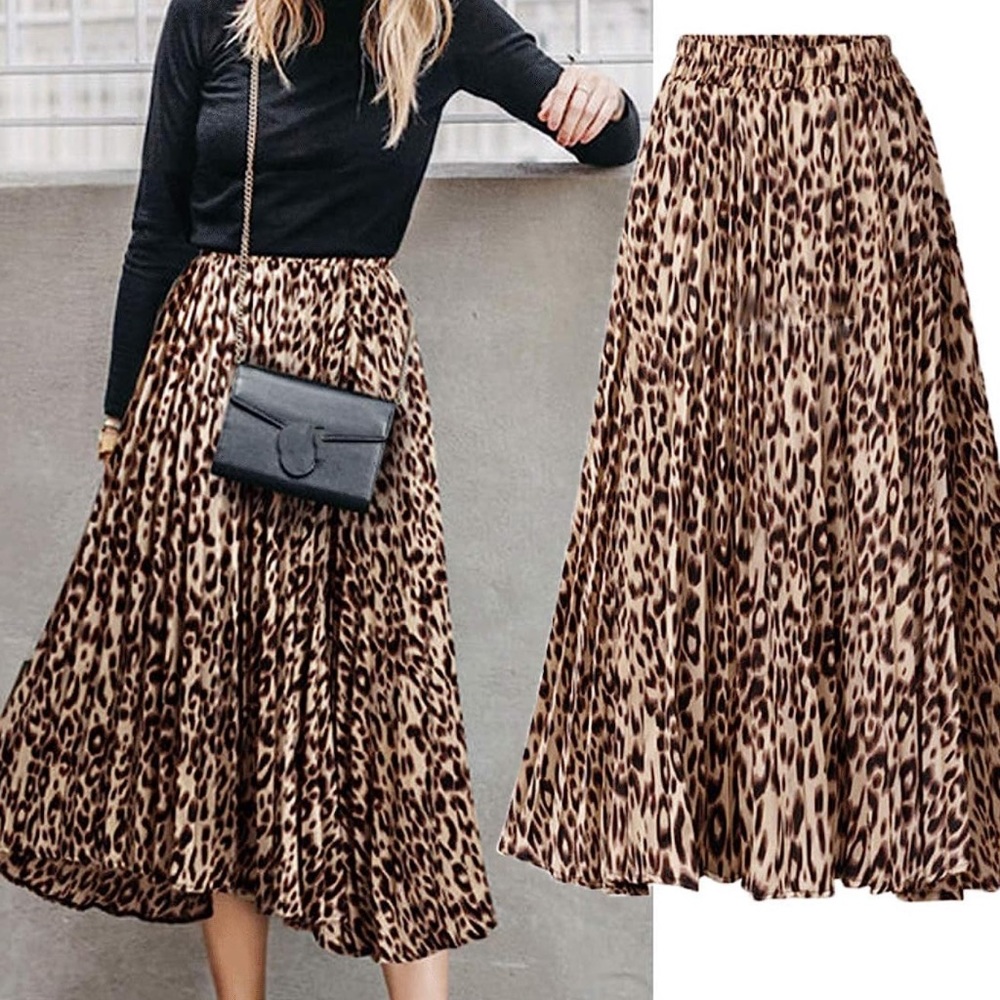 stretchy high waisted, leopard printed maxi midi long pleated skirt